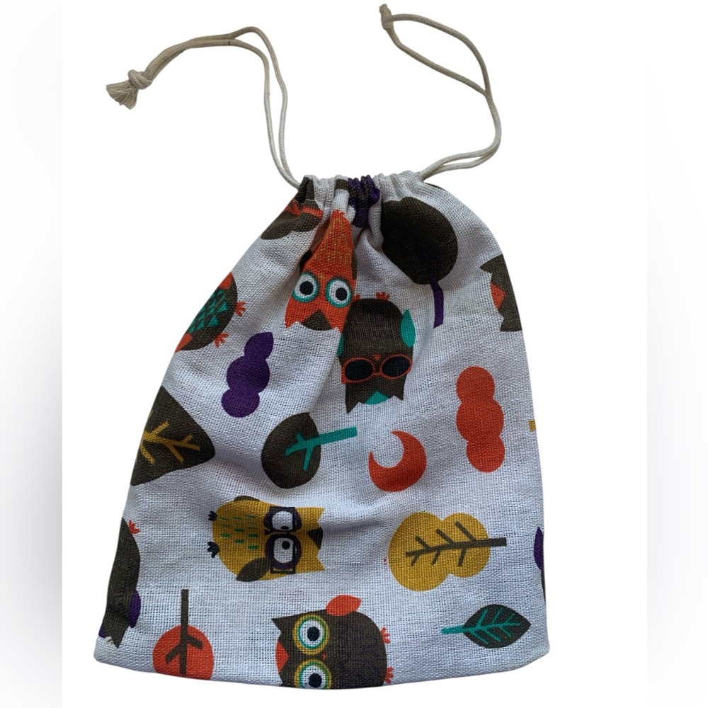 Large Owl Cotton or Linen Draw String Storage Gift Bag Fall Colors 7.5” X 9”